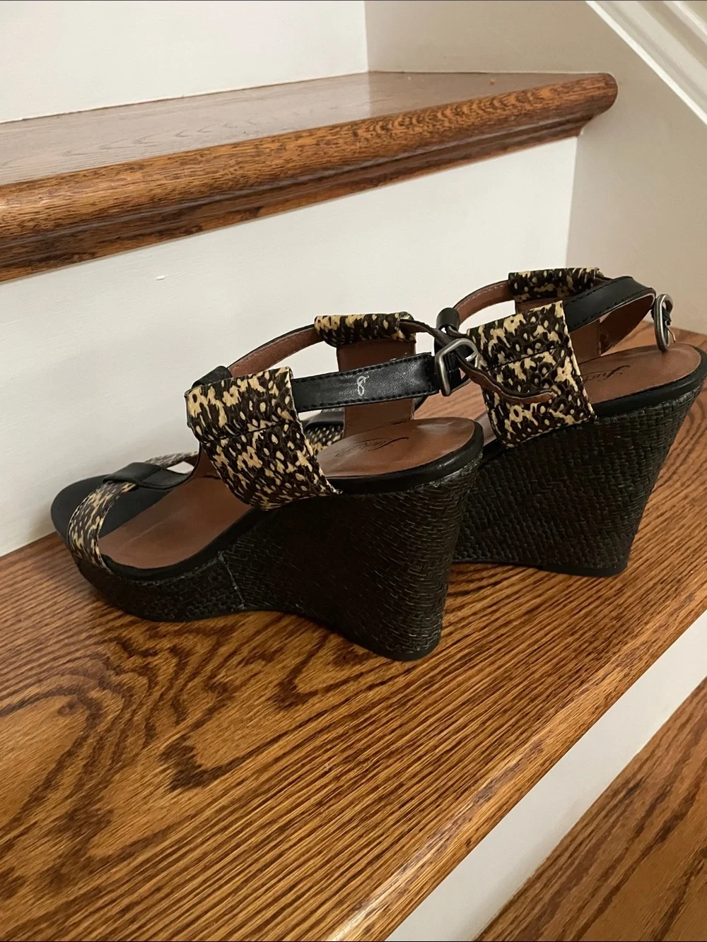 Lucky Brand Black Wedge Sandals with Tan Animal-Print Straps